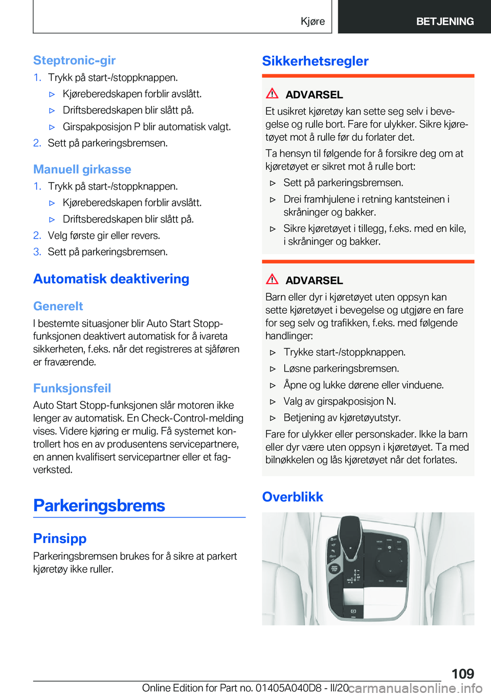 BMW Z4 2020  InstruksjonsbØker (in Norwegian) �S�t�e�p�t�r�o�n�i�c�-�g�i�r�1�.�T�r�y�k�k��p�å��s�t�a�r�t�-�/�s�t�o�p�p�k�n�a�p�p�e�n�.'x�K�j�