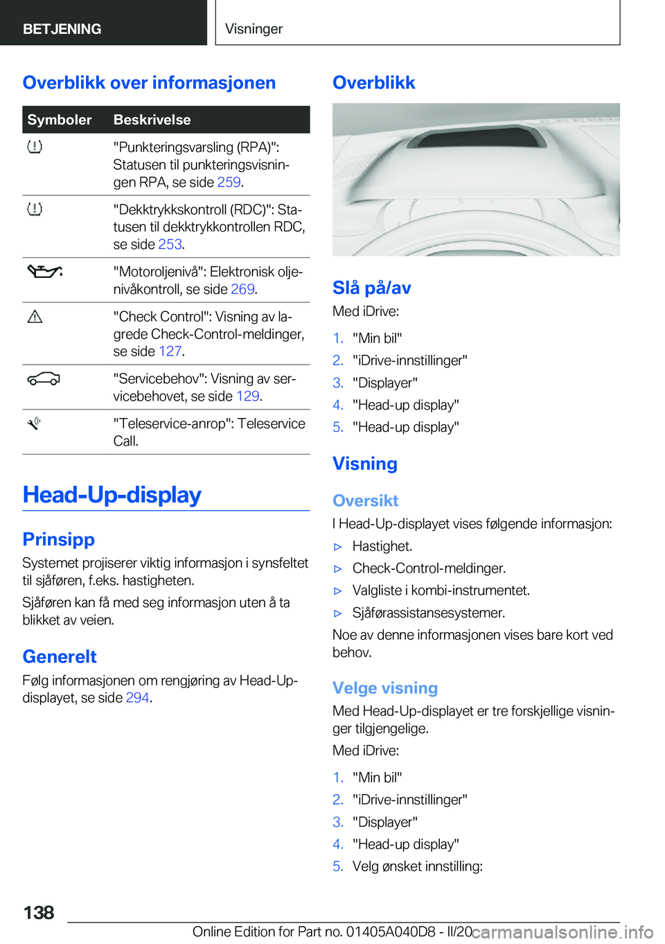 BMW Z4 2020  InstruksjonsbØker (in Norwegian) �O�v�e�r�b�l�i�k�k��o�v�e�r��i�n�f�o�r�m�a�s�j�o�n�e�n�S�y�m�b�o�l�e�r�B�e�s�k�r�i�v�e�l�s�e���P�u�n�k�t�e�r�i�n�g�s�v�a�r�s�l�i�n�g��(�R�P�A�)��:
�S�t�a�t�u�s�e�n��t�i�l��p�u�n�k�t�e�r�i�n�g�