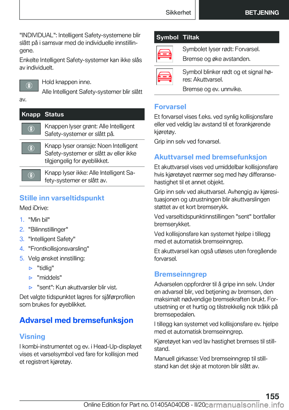 BMW Z4 2020  InstruksjonsbØker (in Norwegian) ��I�N�D�I�V�I�D�U�A�L��:��I�n�t�e�l�l�i�g�e�n�t��S�a�f�e�t�y�-�s�y�s�t�e�m�e�n�e��b�l�i�r�s�l�å�t�t��p�å��i��s�a�m�s�v�a�r��m�e�d��d�e��i�n�d�i�v�i�d�u�e�l�l�e��i�n�n�s�t�i�l�l�i�nj�g�e