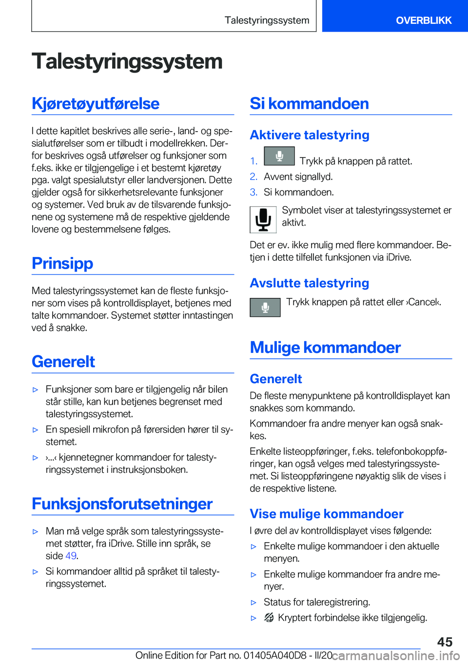 BMW Z4 2020  InstruksjonsbØker (in Norwegian) �T�a�l�e�s�t�y�r�i�n�g�s�s�y�s�t�e�m�K�j�