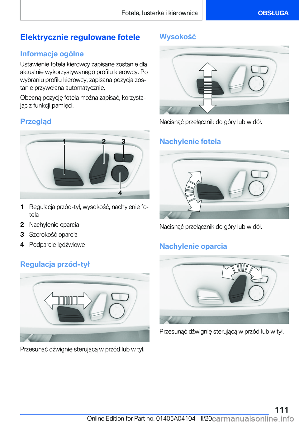 BMW Z4 2020  Instrukcja obsługi (in Polish) �E�l�e�k�t�r�y�c�z�n�i�e��r�e�g�u�l�o�w�a�n�e��f�o�t�e�l�e
�I�n�f�o�r�m�a�c�j�e��o�g�