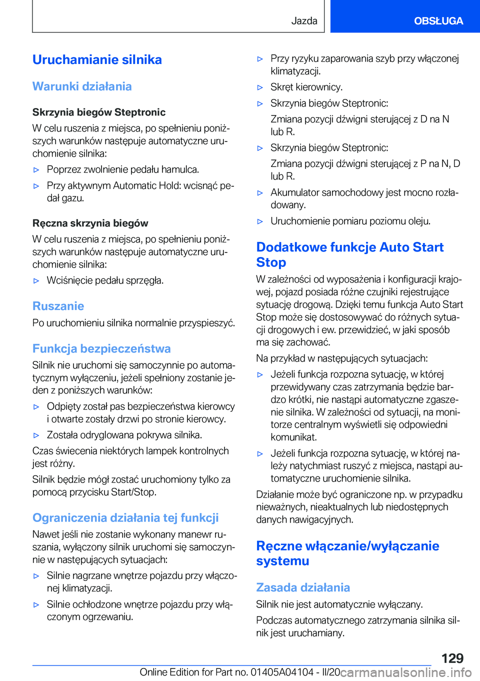 BMW Z4 2020  Instrukcja obsługi (in Polish) �U�r�u�c�h�a�m�i�a�n�i�e��s�i�l�n�i�k�a�W�a�r�u�n�k�i��d�z�i�a�ł�a�n�i�a
�S�k�r�z�y�n�i�a��b�i�e�g�