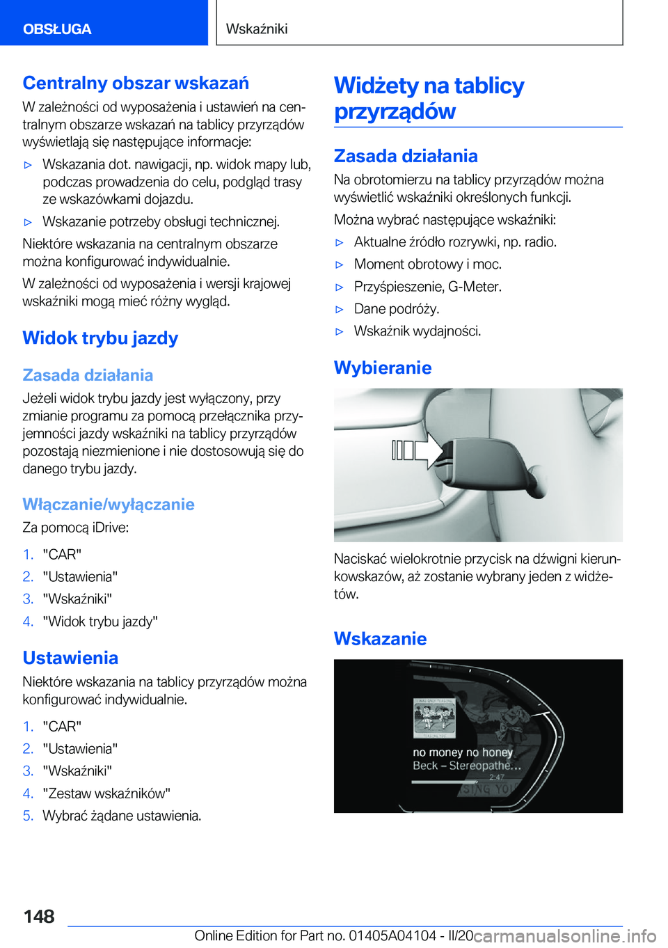 BMW Z4 2020  Instrukcja obsługi (in Polish) �C�e�n�t�r�a�l�n�y��o�b�s�z�a�r��w�s�k�a�z�a�