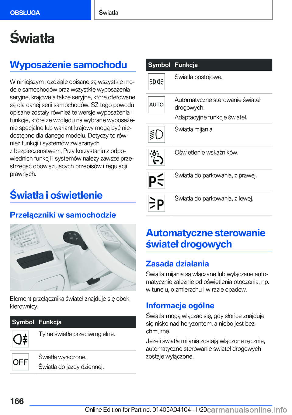BMW Z4 2020  Instrukcja obsługi (in Polish) �w�i�a�t�ł�a�W�y�p�o�s�a9�e�n�i�e��s�a�m�o�c�h�o�d�u
�W��n�i�n�i�e�j�s�z�y�m��r�o�z�d�z�i�a�l�e��o�p�i�s�a�n�e��s�