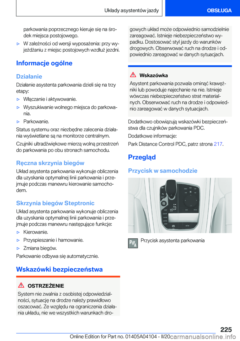 BMW Z4 2020  Instrukcja obsługi (in Polish) �p�a�r�k�o�w�a�n�i�a��p�o�p�r�z�e�c�z�n�e�g�o��k�i�e�r�u�j�e��s�i�