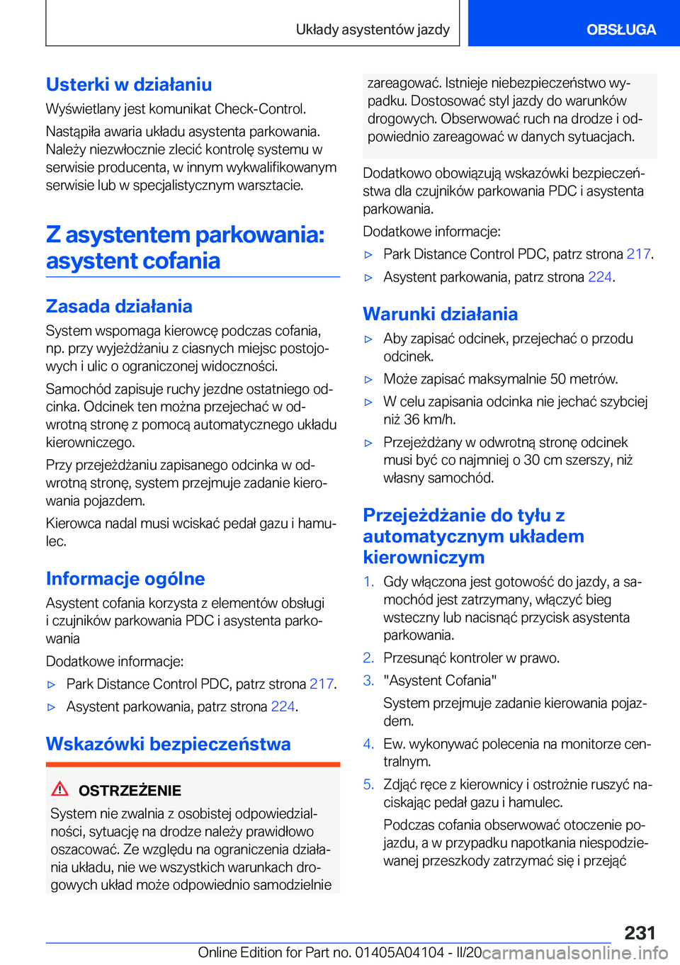 BMW Z4 2020  Instrukcja obsługi (in Polish) �U�s�t�e�r�k�i��w��d�z�i�a�ł�a�n�i�u
�W�y�w�i�e�t�l�a�n�y��j�e�s�t��k�o�m�u�n�i�k�a�t��C�h�e�c�k�-�C�o�n�t�r�o�l�.
�N�a�s�t�