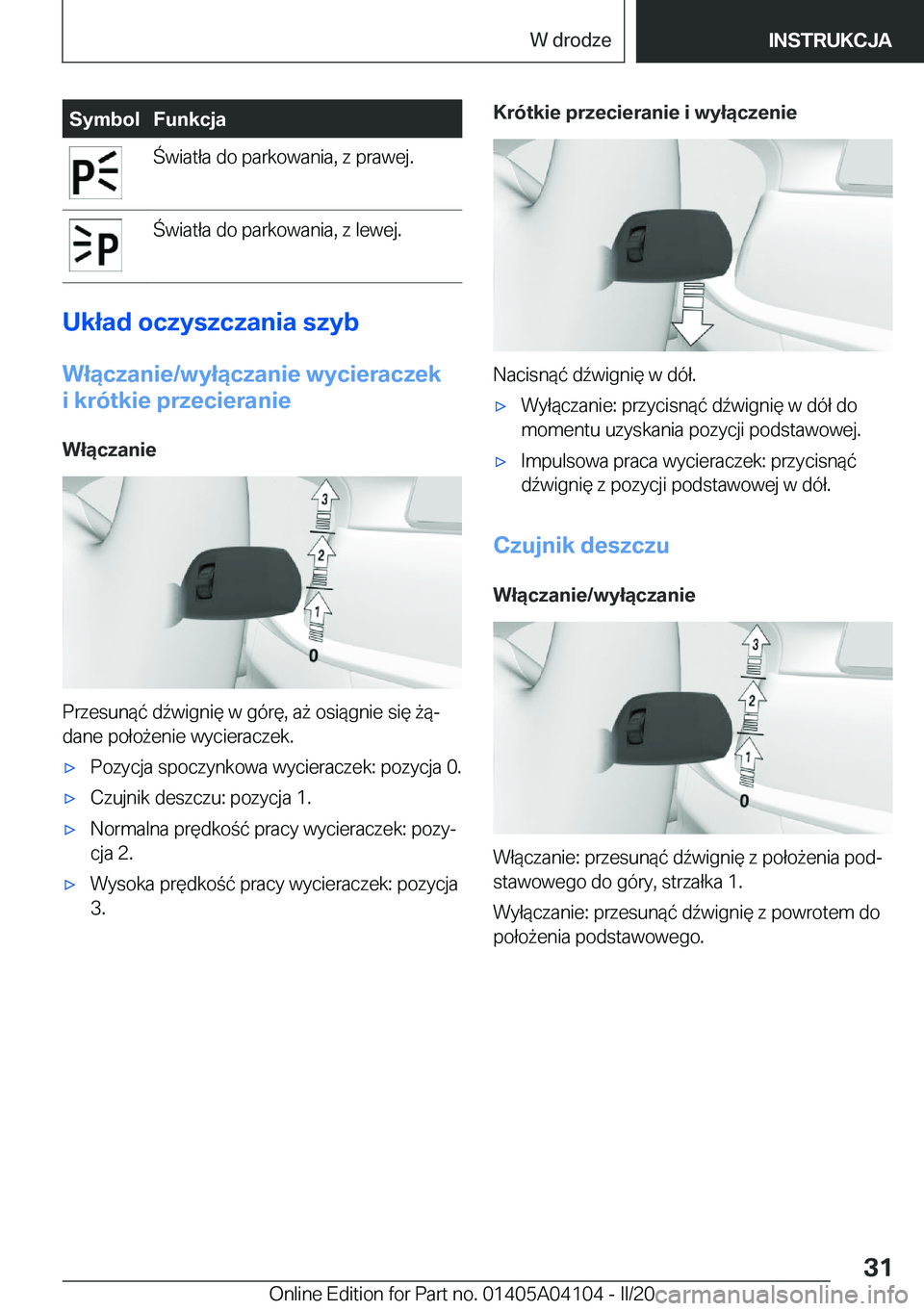 BMW Z4 2020  Instrukcja obsługi (in Polish) �S�y�m�b�o�l�F�u�n�k�c�j�a�w�i�a�t�ł�a��d�o��p�a�r�k�o�w�a�n�i�a�,��z��p�r�a�w�e�j�.�w�i�a�t�ł�a��d�o��p�a�r�k�o�w�a�n�i�a�,��z��l�e�w�e�j�.
�U�k�ł�a�d��o�c�z�y�s�z�c�z�a�n�i�a��s�z�y