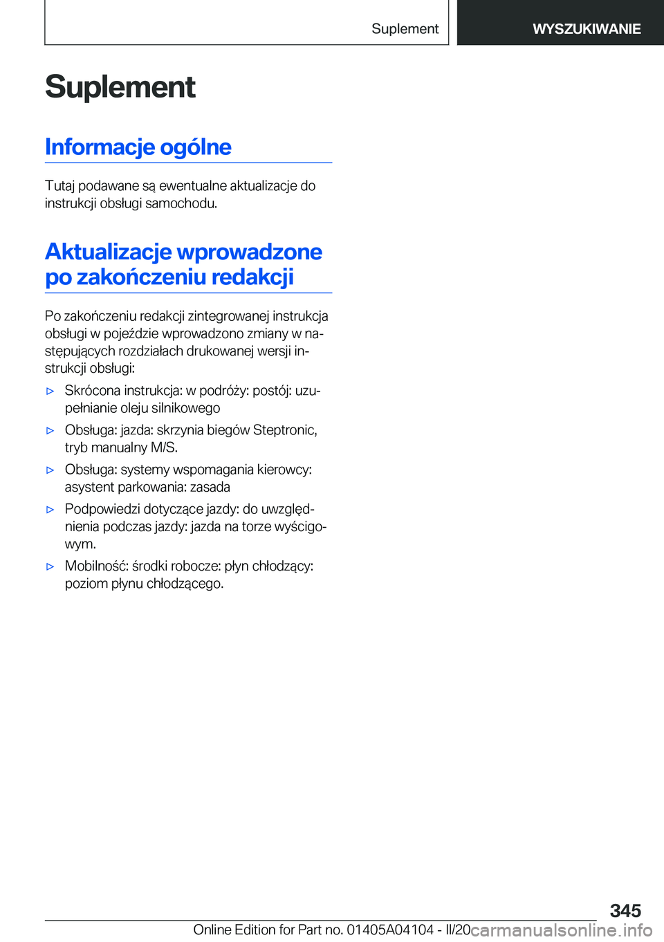 BMW Z4 2020  Instrukcja obsługi (in Polish) �S�u�p�l�e�m�e�n�t�I�n�f�o�r�m�a�c�j�e��o�g�