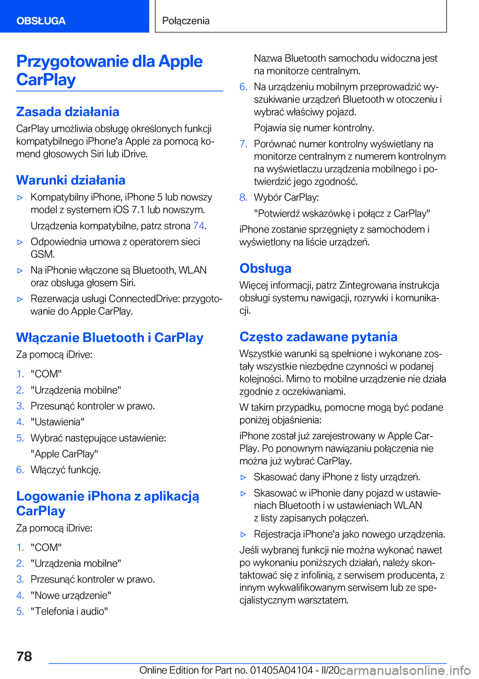 BMW Z4 2020  Instrukcja obsługi (in Polish) �P�r�z�y�g�o�t�o�w�a�n�i�e��d�l�a��A�p�p�l�e�C�a�r�P�l�a�y
�Z�a�s�a�d�a��d�z�i�a�ł�a�n�i�a
�C�a�r�P�l�a�y��u�m�o9�l�i�w�i�a��o�b�s�ł�u�g�