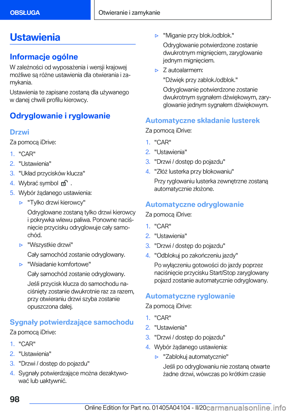 BMW Z4 2020  Instrukcja obsługi (in Polish) �U�s�t�a�w�i�e�n�i�a
�I�n�f�o�r�m�a�c�j�e��o�g�