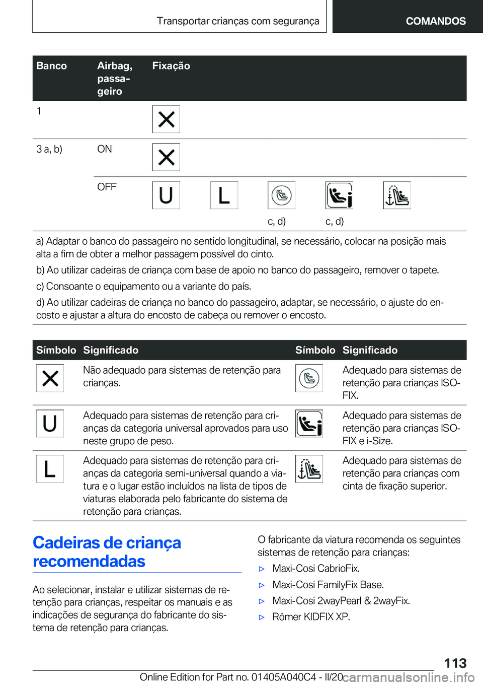 BMW Z4 2020  Manual do condutor (in Portuguese) �B�a�n�c�o�A�i�r�b�a�g�,
�p�a�s�s�aj
�g�e�i�r�o�F�i�x�a�