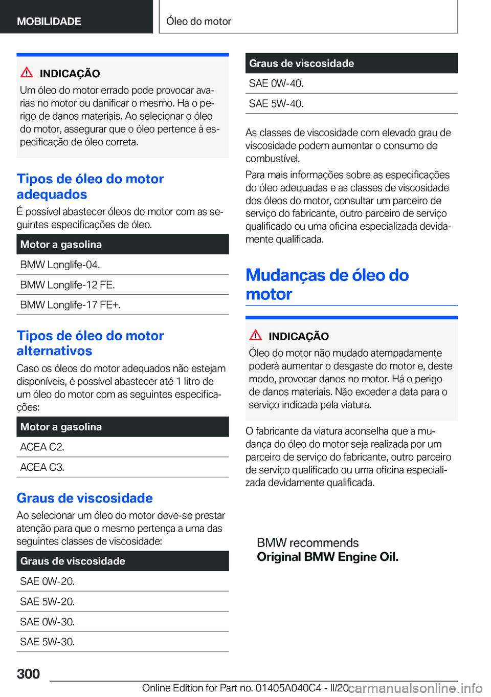 BMW Z4 2020  Manual do condutor (in Portuguese) �I�N�D�I�C�A�