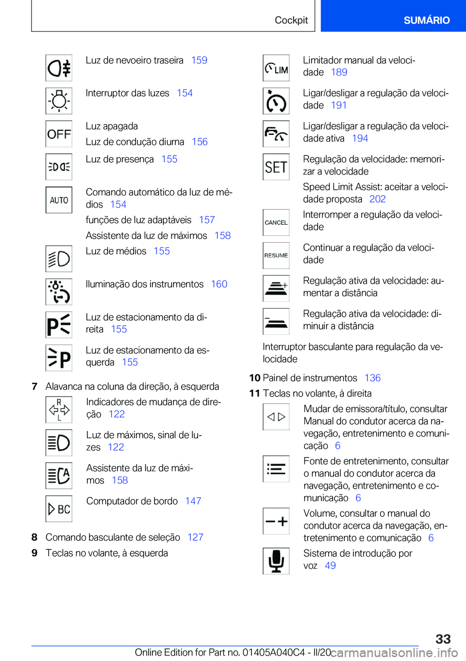 BMW Z4 2020  Manual do condutor (in Portuguese) �L�u�z��d�e��n�e�v�o�e�i�r�o��t�r�a�s�e�i�r�a\_�1�5�9�I�n�t�e�r�r�u�p�t�o�r��d�a�s��l�u�z�e�s\_�1�5�4�L�u�z��a�p�a�g�a�d�a
�L�u�z��d�e��c�o�n�d�u�