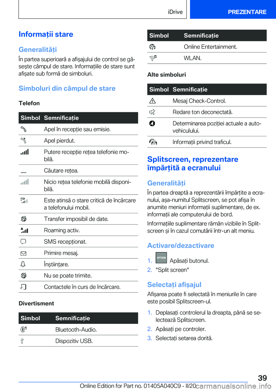 BMW Z4 2020  Ghiduri De Utilizare (in Romanian) �I�n�f�o�r�m�a�i�i��s�t�a�r�e�G�e�n�e�r�a�l�i�t�