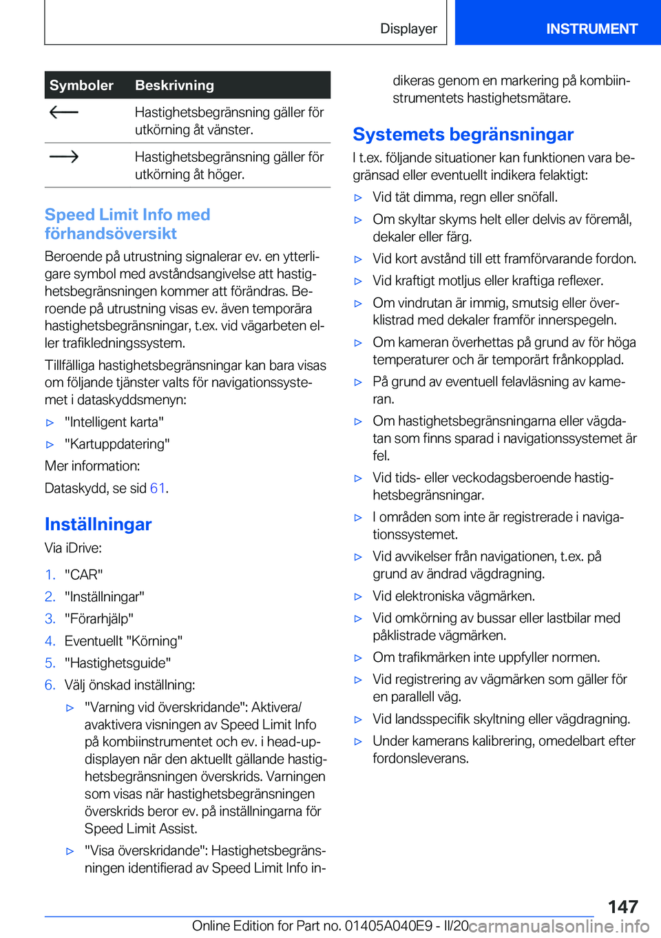 BMW Z4 2020  InstruktionsbÖcker (in Swedish) �S�y�m�b�o�l�e�r�B�e�s�k�r�i�v�n�i�n�g��H�a�s�t�i�g�h�e�t�s�b�e�g�r�ä�n�s�n�i�n�g��g�ä�l�l�e�r��f�