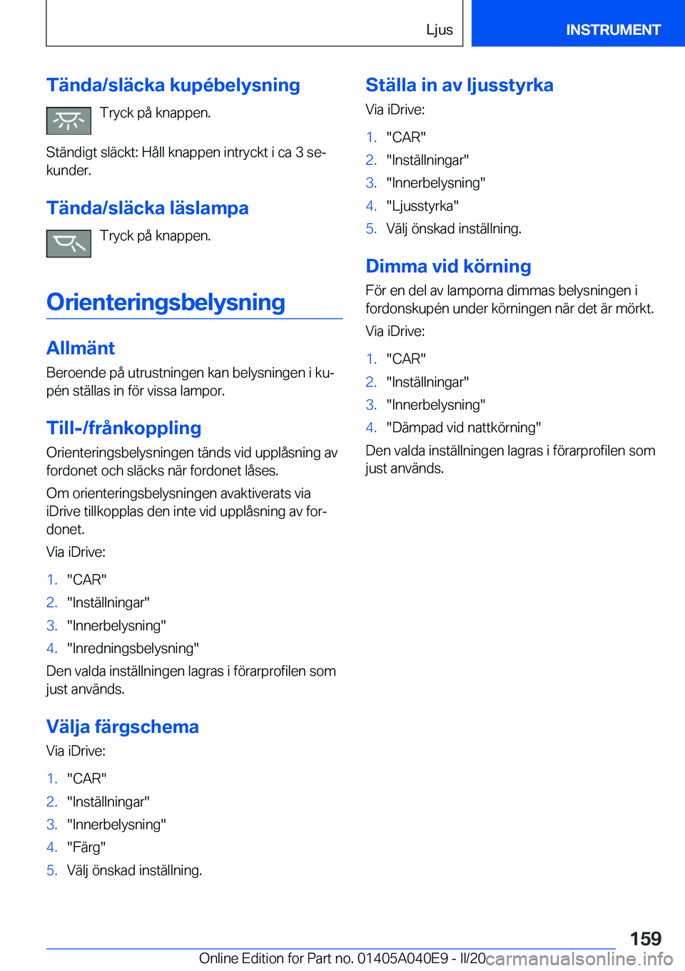 BMW Z4 2020  InstruktionsbÖcker (in Swedish) �T�ä�n�d�a�/�s�l�ä�c�k�a��k�u�p�