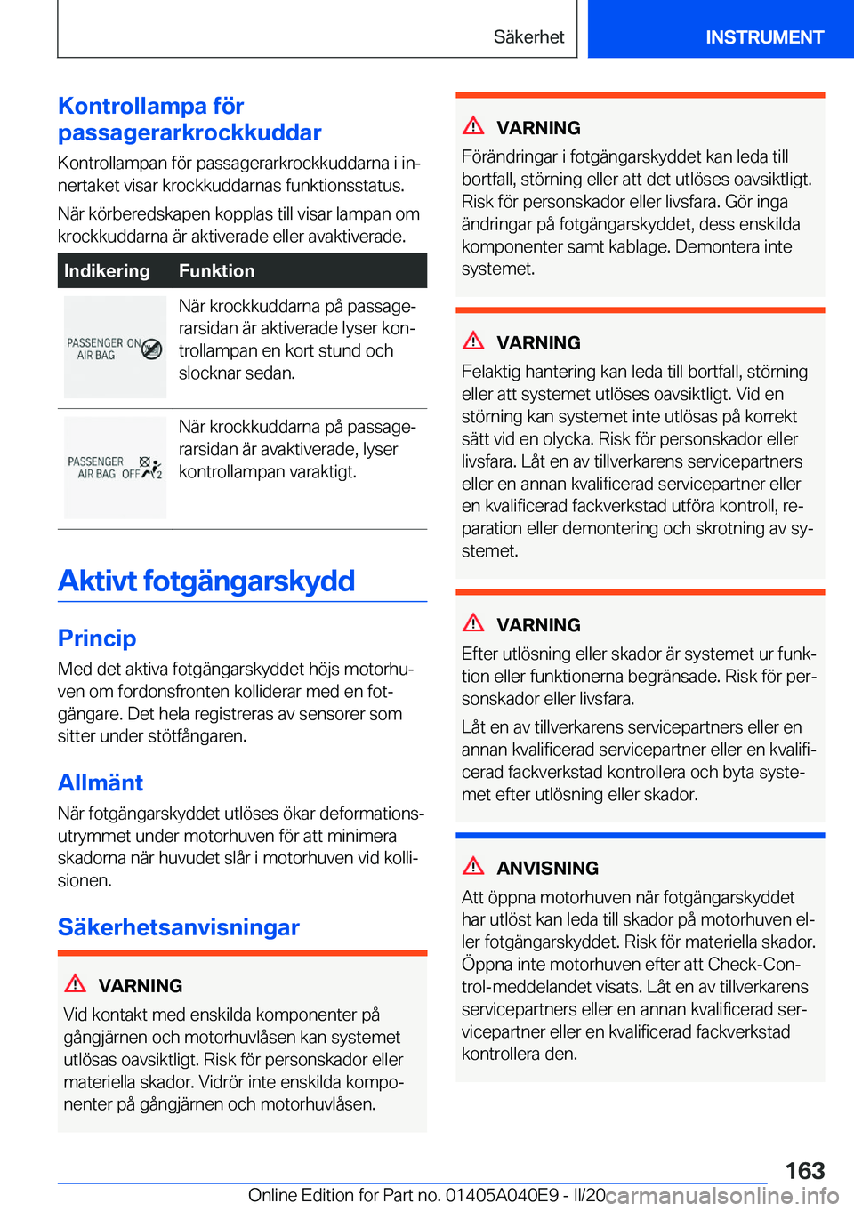 BMW Z4 2020  InstruktionsbÖcker (in Swedish) �K�o�n�t�r�o�l�l�a�m�p�a��f�