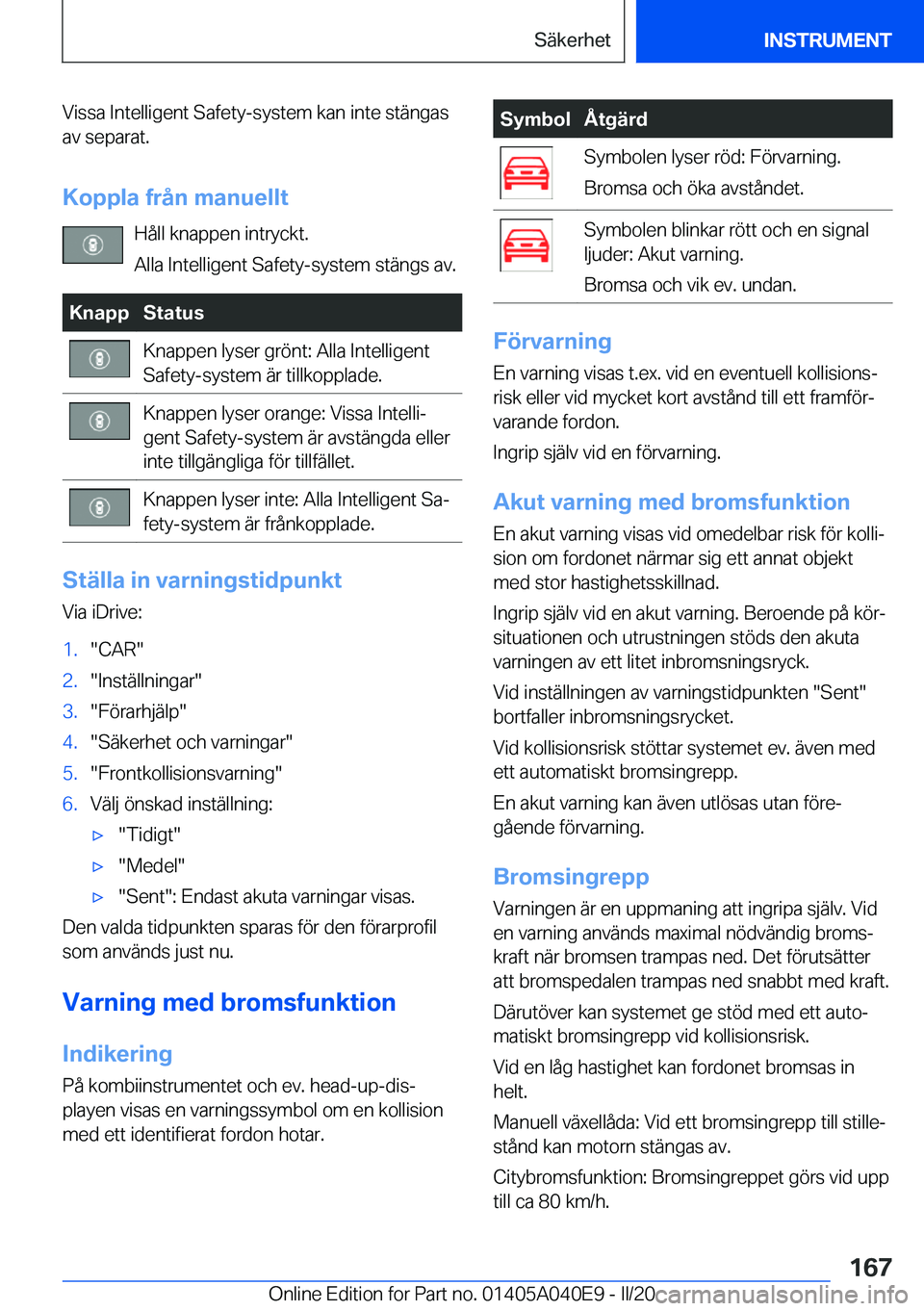 BMW Z4 2020  InstruktionsbÖcker (in Swedish) �V�i�s�s�a��I�n�t�e�l�l�i�g�e�n�t��S�a�f�e�t�y�-�s�y�s�t�e�m��k�a�n��i�n�t�e��s�t�ä�n�g�a�s�a�v��s�e�p�a�r�a�t�.
�K�o�p�p�l�a��f�r�å�n��m�a�n�u�e�l�l�t �H�å�l�l��k�n�a�p�p�e�n��i�n�t�r�y�
