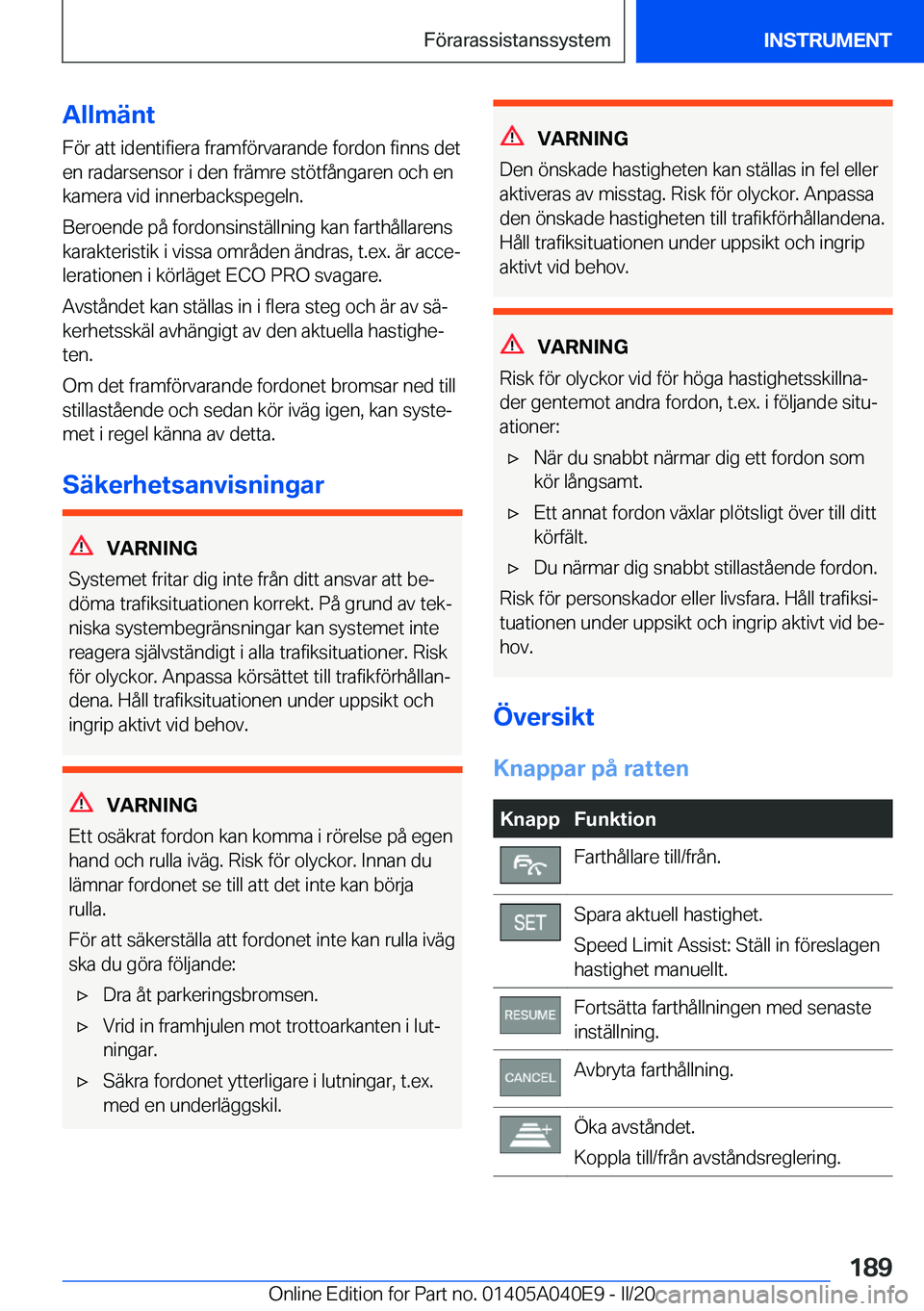 BMW Z4 2020  InstruktionsbÖcker (in Swedish) �A�l�l�m�ä�n�t
�F�