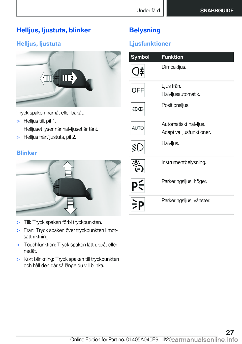 BMW Z4 2020  InstruktionsbÖcker (in Swedish) �H�e�l�l�j�u�s�,��l�j�u�s�t�u�t�a�,��b�l�i�n�k�e�r
�H�e�l�l�j�u�s�,��l�j�u�s�t�u�t�a
�T�r�y�c�k��s�p�a�k�e�n��f�r�a�m�å�t��e�l�l�e�r��b�a�k�å�t�.
'x�H�e�l�l�j�u�s��t�i�l�l�,��p�i�l��1�