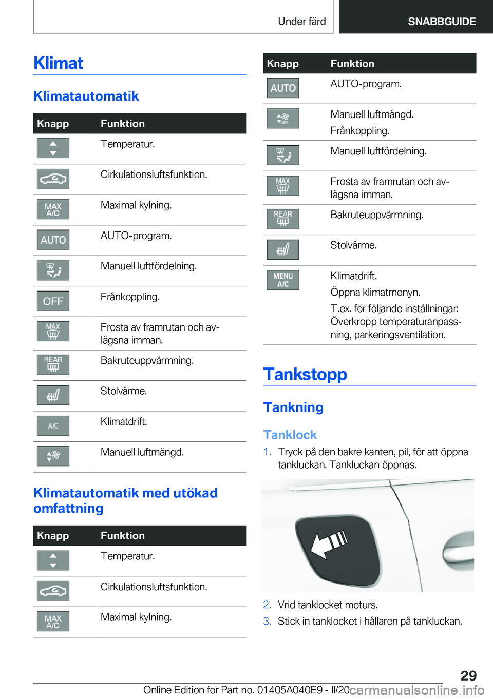 BMW Z4 2020  InstruktionsbÖcker (in Swedish) �K�l�i�m�a�t
�K�l�i�m�a�t�a�u�t�o�m�a�t�i�k
�K�n�a�p�p�F�u�n�k�t�i�o�n�T�e�m�p�e�r�a�t�u�r�.�C�i�r�k�u�l�a�t�i�o�n�s�l�u�f�t�s�f�u�n�k�t�i�o�n�.�M�a�x�i�m�a�l��k�y�l�n�i�n�g�.�A�U�T�O�-�p�r�o�g�r�a�m