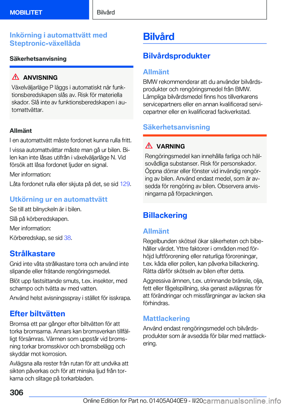BMW Z4 2020  InstruktionsbÖcker (in Swedish) �I�n�k�