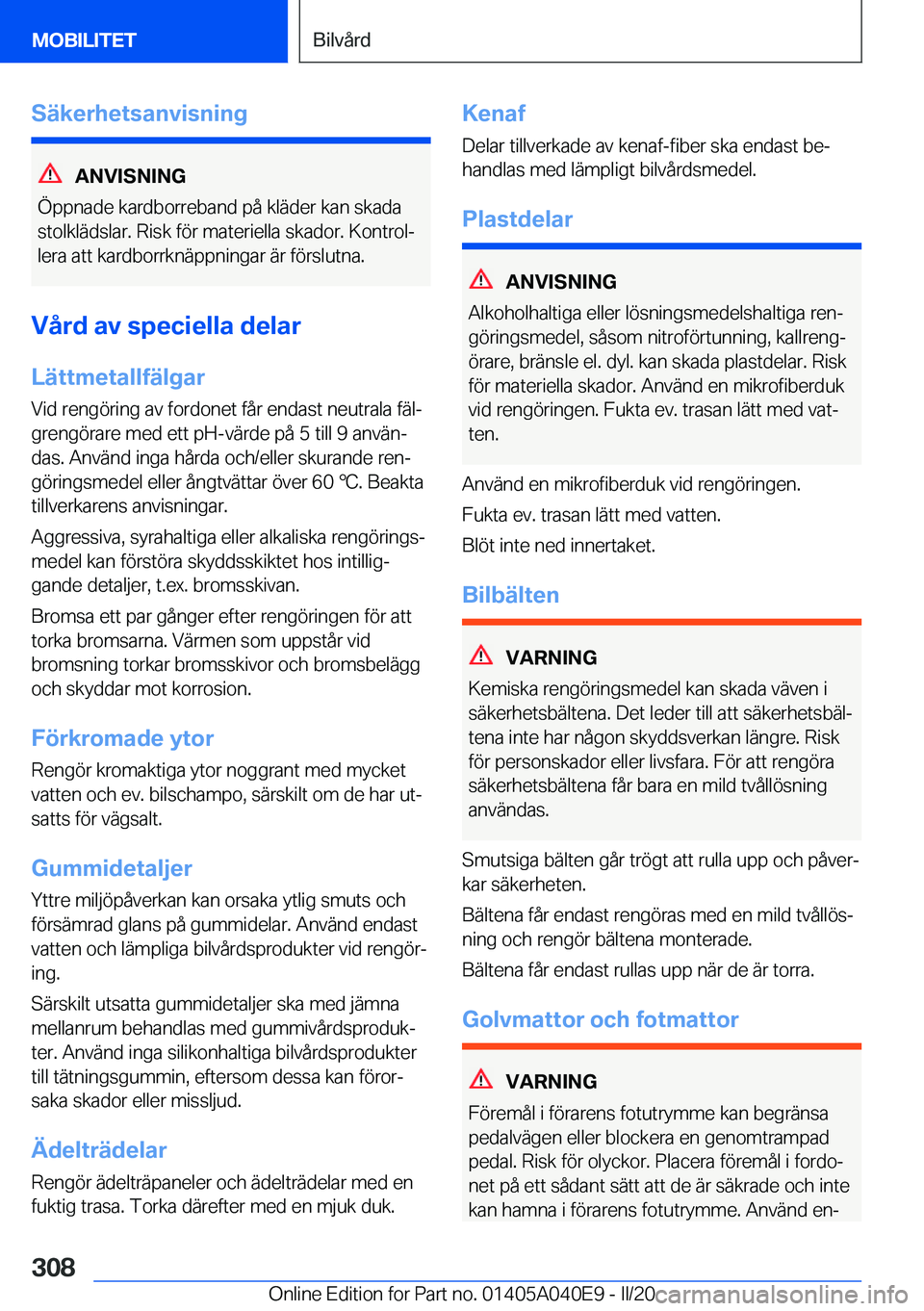 BMW Z4 2020  InstruktionsbÖcker (in Swedish) �S�ä�k�e�r�h�e�t�s�a�n�v�i�s�n�i�n�g
�A�N�V�I�S�N�I�N�G
�