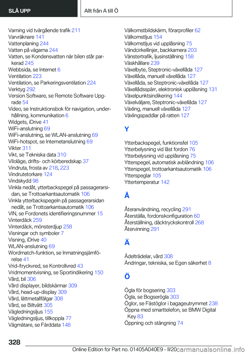 BMW Z4 2020  InstruktionsbÖcker (in Swedish) �V�a�r�n�i�n�g��v�i�d��t�v�ä�r�g�å�e�n�d�e��t�r�a�f�i�k��2�1�1�
�V�a�r�v�r�ä�k�n�a�r�e� �1�4�1�
�V�a�t�t�e�n�p�l�a�n�i�n�g� �2�4�4�
�V�a�t�t�e�n��p�å��v�ä�g�a�r�n�a� �2�4�4�
�V�a�t�t