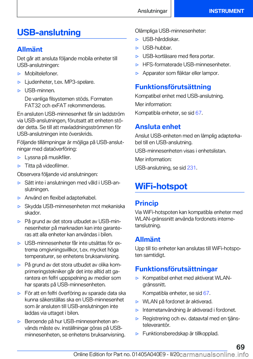 BMW Z4 2020  InstruktionsbÖcker (in Swedish) �U�S�B�-�a�n�s�l�u�t�n�i�n�g
�A�l�l�m�ä�n�t�D�e�t��g�å�r��a�t�t��a�n�s�l�u�t�a��f�