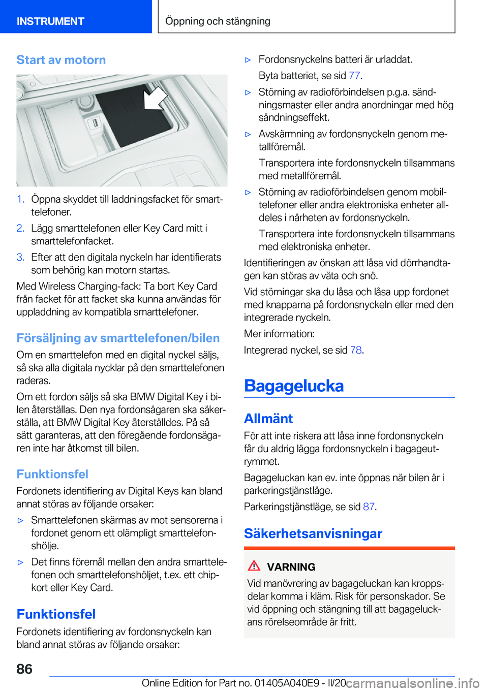BMW Z4 2020  InstruktionsbÖcker (in Swedish) �S�t�a�r�t��a�v��m�o�t�o�r�n�1�.�