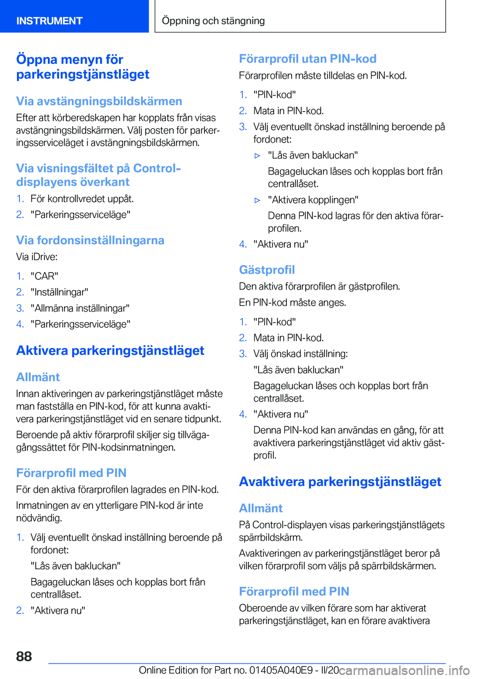 BMW Z4 2020  InstruktionsbÖcker (in Swedish) �