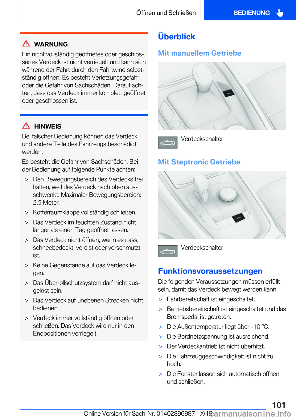 BMW Z4 2019  Betriebsanleitungen (in German) �W�A�R�N�U�N�G
�E�i�n��n�i�c�h�t��v�o�l�l�s�t�