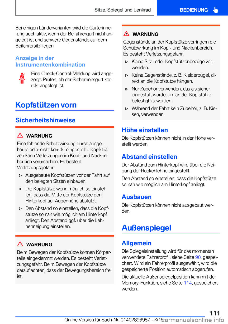 BMW Z4 2019  Betriebsanleitungen (in German) �B�e�i��e�i�n�i�g�e�n��L�