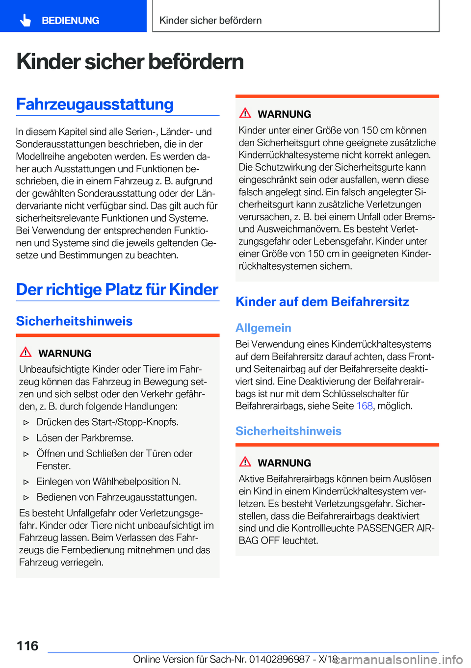 BMW Z4 2019  Betriebsanleitungen (in German) �K�i�n�d�e�r��s�i�c�h�e�r��b�e�f�