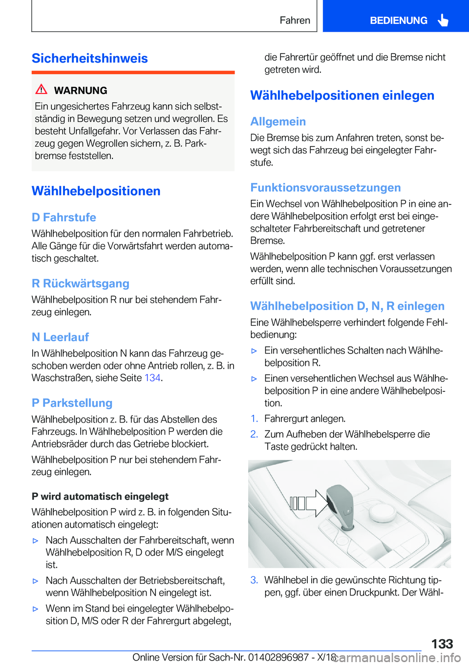 BMW Z4 2019  Betriebsanleitungen (in German) �S�i�c�h�e�r�h�e�i�t�s�h�i�n�w�e�i�s
�W�A�R�N�U�N�G
�E�i�n��u�n�g�e�s�i�c�h�e�r�t�e�s��F�a�h�r�z�e�u�g��k�a�n�n��s�i�c�h��s�e�l�b�s�tj �s�t�