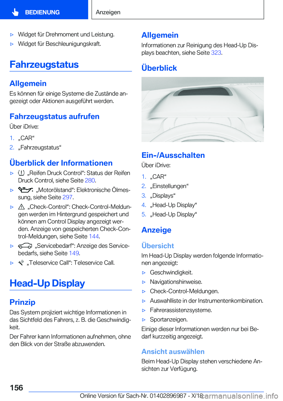 BMW Z4 2019  Betriebsanleitungen (in German) x�W�i�d�g�e�t��f�