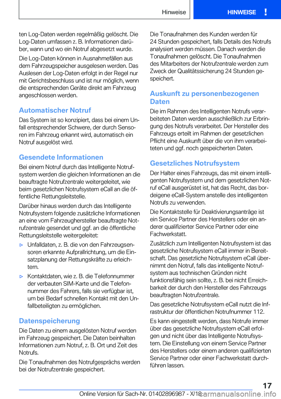 BMW Z4 2019  Betriebsanleitungen (in German) �t�e�n��L�o�g�-�D�a�t�e�n��w�e�r�d�e�n��r�e�g�e�l�m�