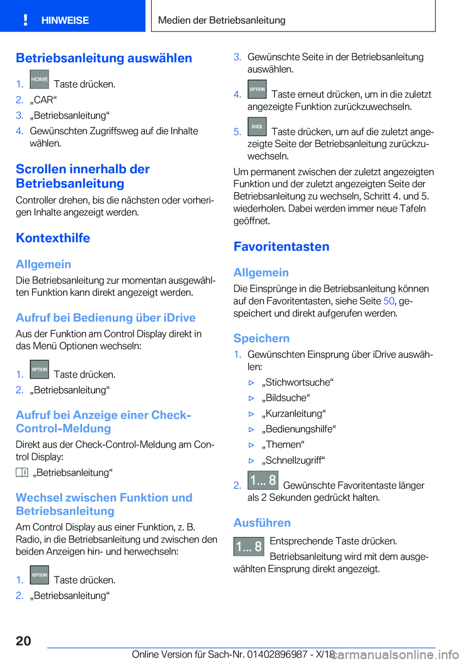 BMW Z4 2019  Betriebsanleitungen (in German) �B�e�t�r�i�e�b�s�a�n�l�e�i�t�u�n�g��a�u�s�w�