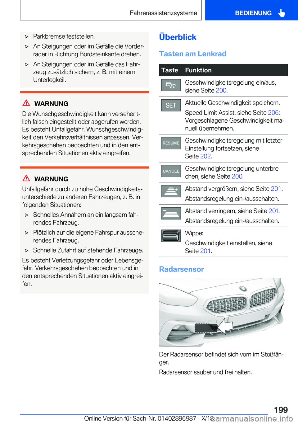 BMW Z4 2019  Betriebsanleitungen (in German) x�P�a�r�k�b�r�e�m�s�e��f�e�s�t�s�t�e�l�l�e�n�.x�A�n��S�t�e�i�g�u�n�g�e�n��o�d�e�r��i�m��G�e�f�