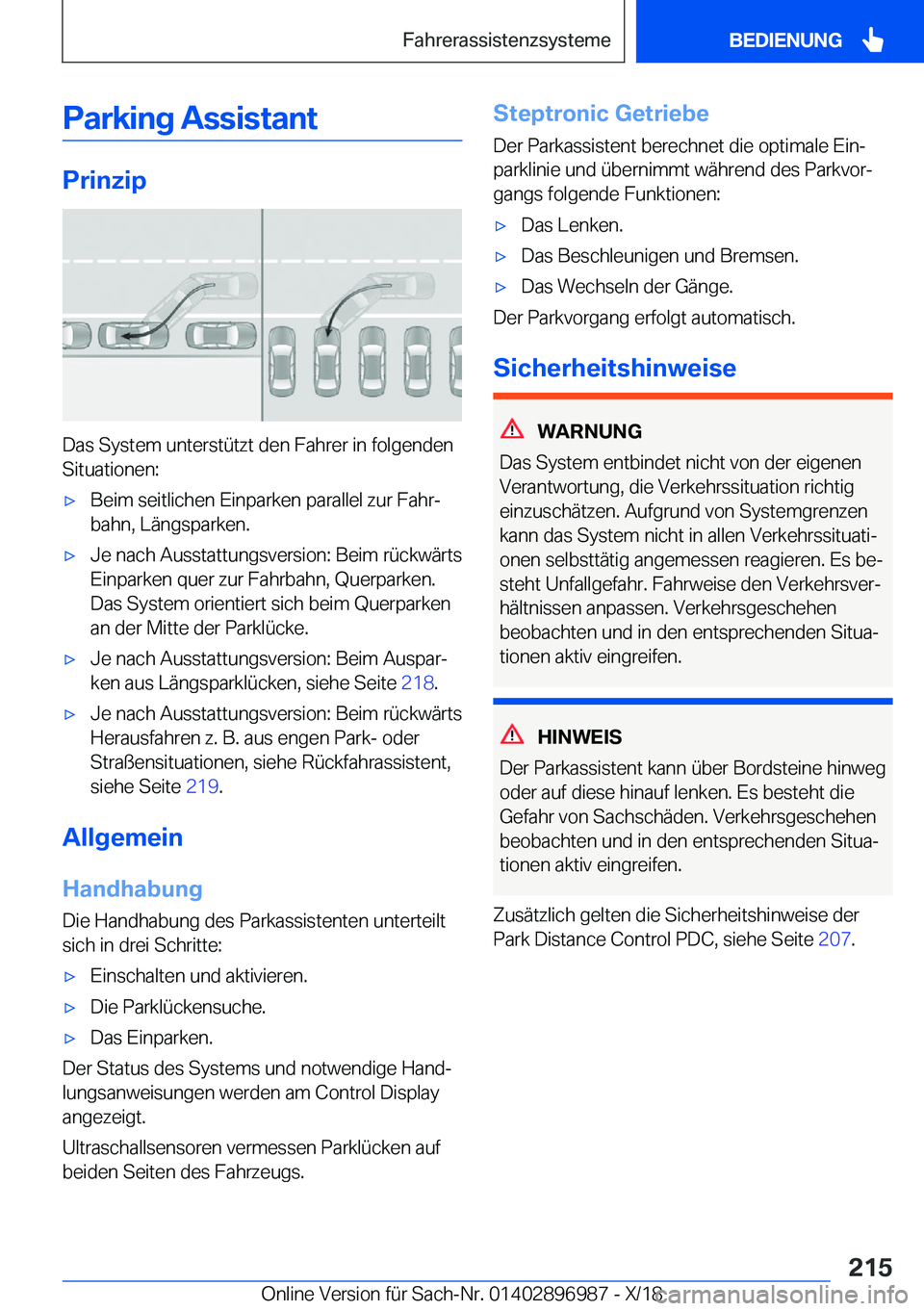 BMW Z4 2019  Betriebsanleitungen (in German) �P�a�r�k�i�n�g��A�s�s�i�s�t�a�n�t
�P�r�i�n�z�i�p
�D�a�s��S�y�s�t�e�m��u�n�t�e�r�s�t�