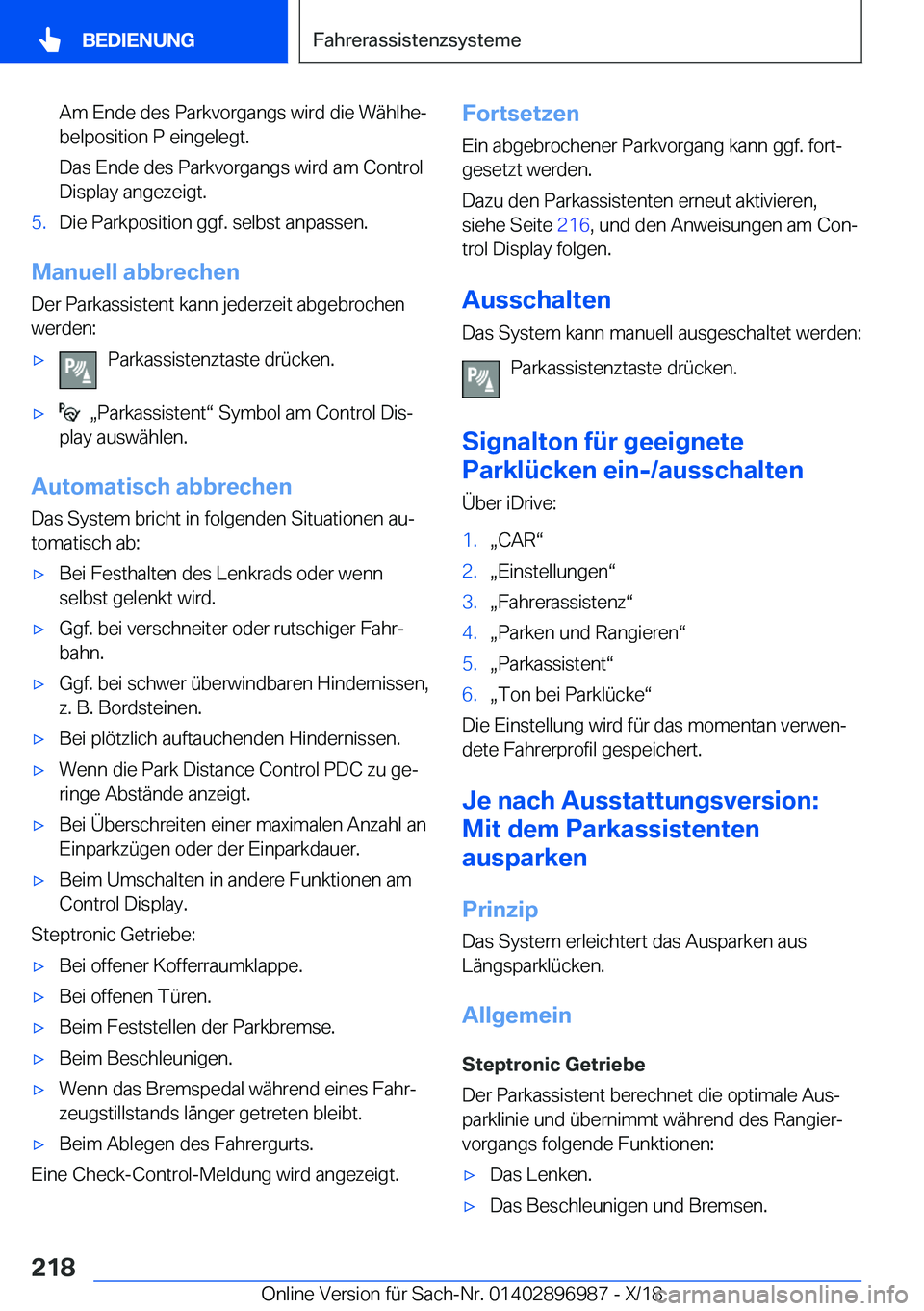 BMW Z4 2019  Betriebsanleitungen (in German) �A�m��E�n�d�e��d�e�s��P�a�r�k�v�o�r�g�a�n�g�s��w�i�r�d��d�i�e��W�