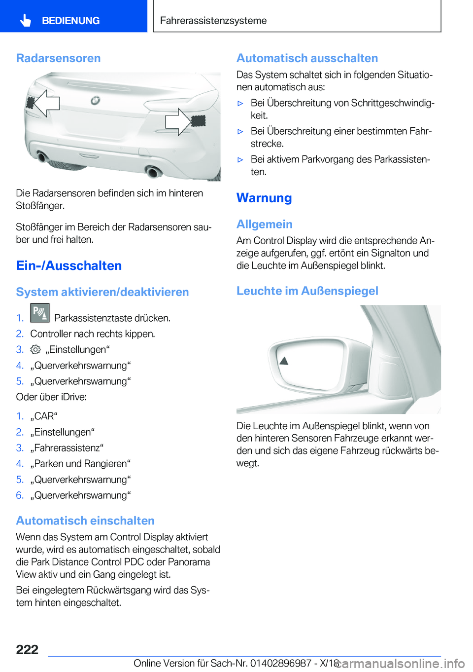 BMW Z4 2019  Betriebsanleitungen (in German) �R�a�d�a�r�s�e�n�s�o�r�e�n
�D�i�e��R�a�d�a�r�s�e�n�s�o�r�e�n��b�e�f�i�n�d�e�n��s�i�c�h��i�m��h�i�n�t�e�r�e�n
�S�t�o�