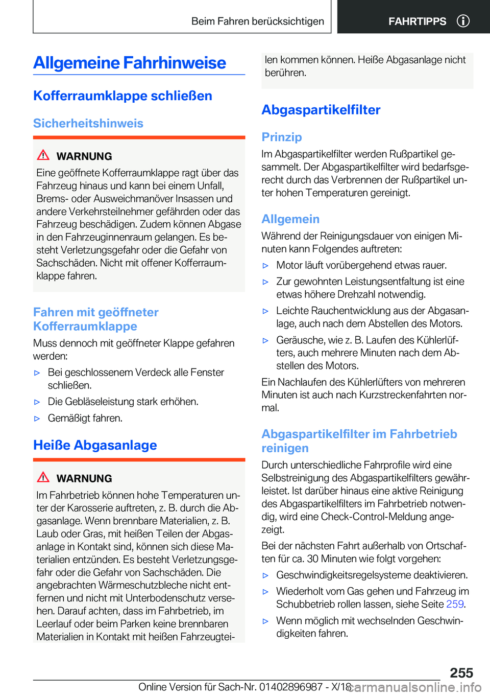 BMW Z4 2019  Betriebsanleitungen (in German) �A�l�l�g�e�m�e�i�n�e��F�a�h�r�h�i�n�w�e�i�s�e
�K�o�f�f�e�r�r�a�u�m�k�l�a�p�p�e��s�c�h�l�i�e�