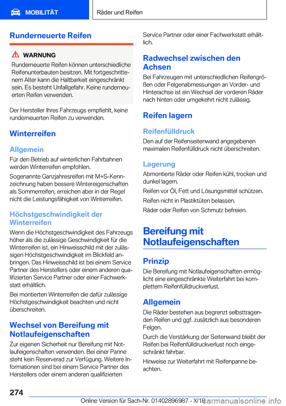 BMW Z4 2019  Betriebsanleitungen (in German) �R�u�n�d�e�r�n�e�u�e�r�t�e��R�e�i�f�e�n
�W�A�R�N�U�N�G
�R�u�n�d�e�r�n�e�u�e�r�t�e��R�e�i�f�e�n��k�