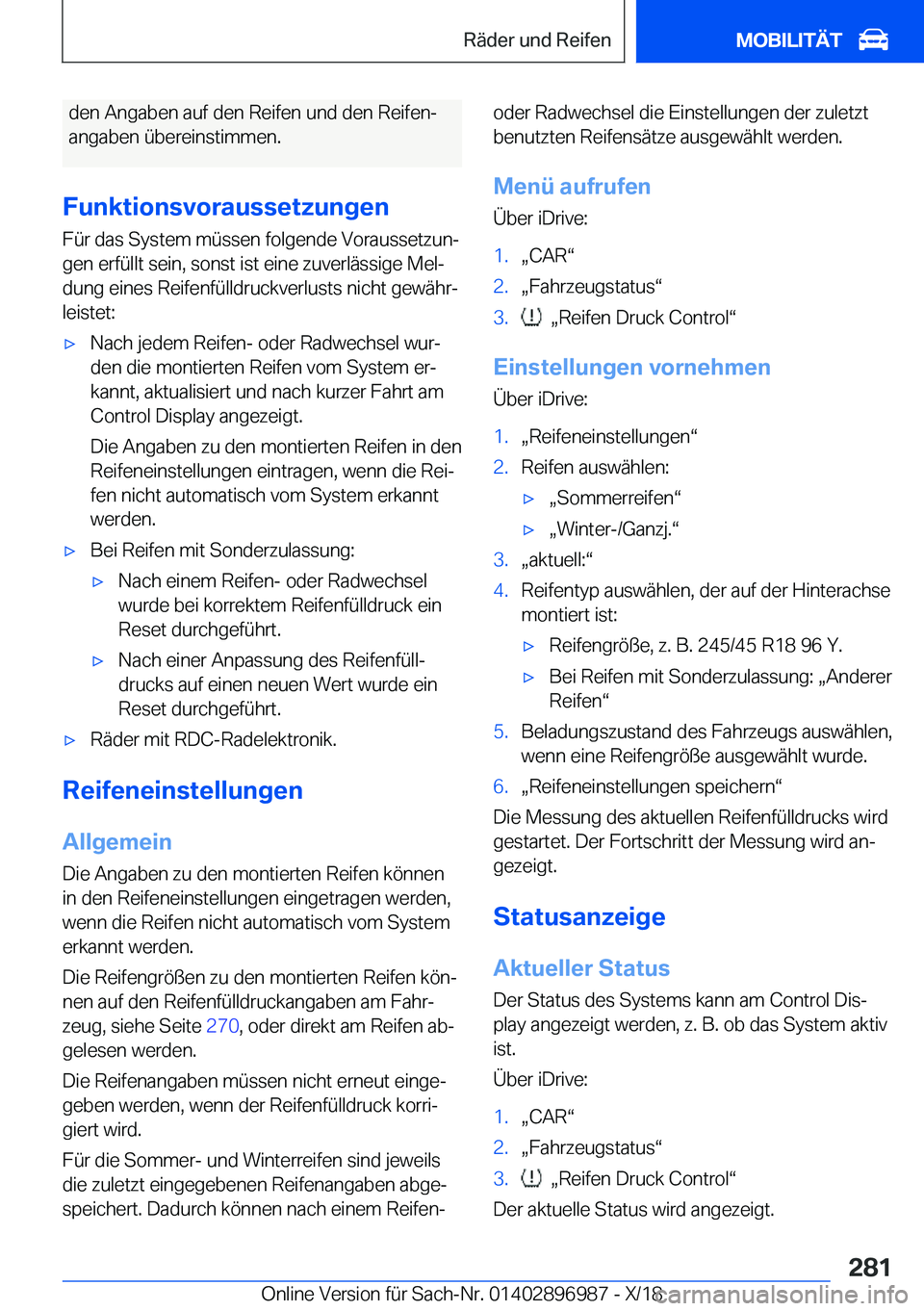 BMW Z4 2019  Betriebsanleitungen (in German) �d�e�n��A�n�g�a�b�e�n��a�u�f��d�e�n��R�e�i�f�e�n��u�n�d��d�e�n��R�e�i�f�e�nj�a�n�g�a�b�e�n��