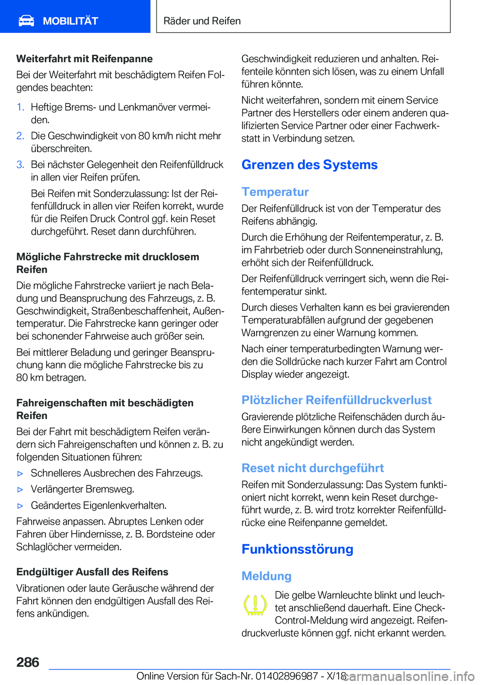 BMW Z4 2019  Betriebsanleitungen (in German) �W�e�i�t�e�r�f�a�h�r�t��m�i�t��R�e�i�f�e�n�p�a�n�n�e
�B�e�i��d�e�r��W�e�i�t�e�r�f�a�h�r�t��m�i�t��b�e�s�c�h�