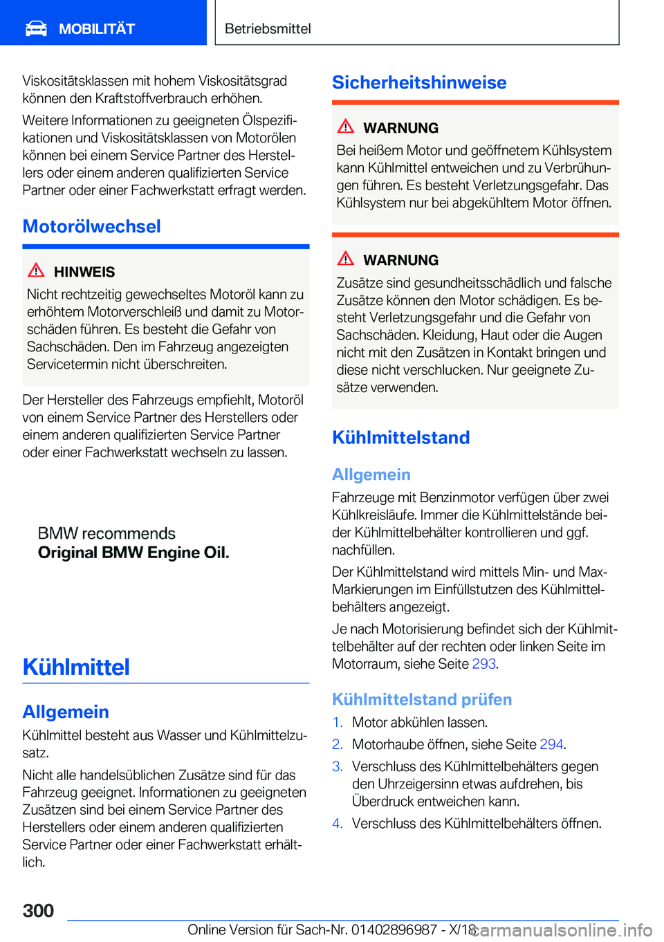 BMW Z4 2019  Betriebsanleitungen (in German) �V�i�s�k�o�s�i�t�