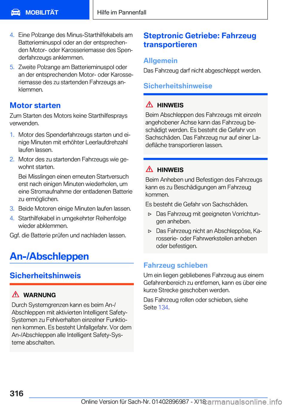 BMW Z4 2019  Betriebsanleitungen (in German) �4�.�E�i�n�e��P�o�l�z�a�n�g�e��d�e�s��M�i�n�u�s�-�S�t�a�r�t�h�i�l�f�e�k�a�b�e�l�s��a�m�B�a�t�t�e�r�i�e�m�i�n�u�s�p�o�l��o�d�e�r��a�n��d�e�r��e�n�t�s�p�r�e�c�h�e�nj
�d�e�n��M�o�t�o�r�-��o�d�