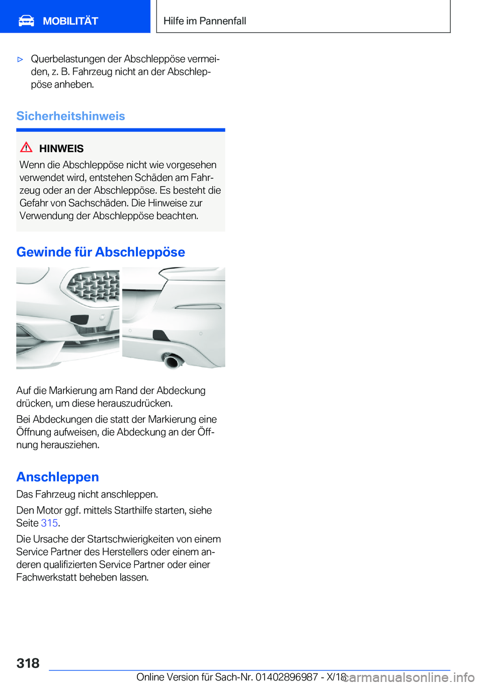 BMW Z4 2019  Betriebsanleitungen (in German) x�Q�u�e�r�b�e�l�a�s�t�u�n�g�e�n��d�e�r��A�b�s�c�h�l�e�p�p�