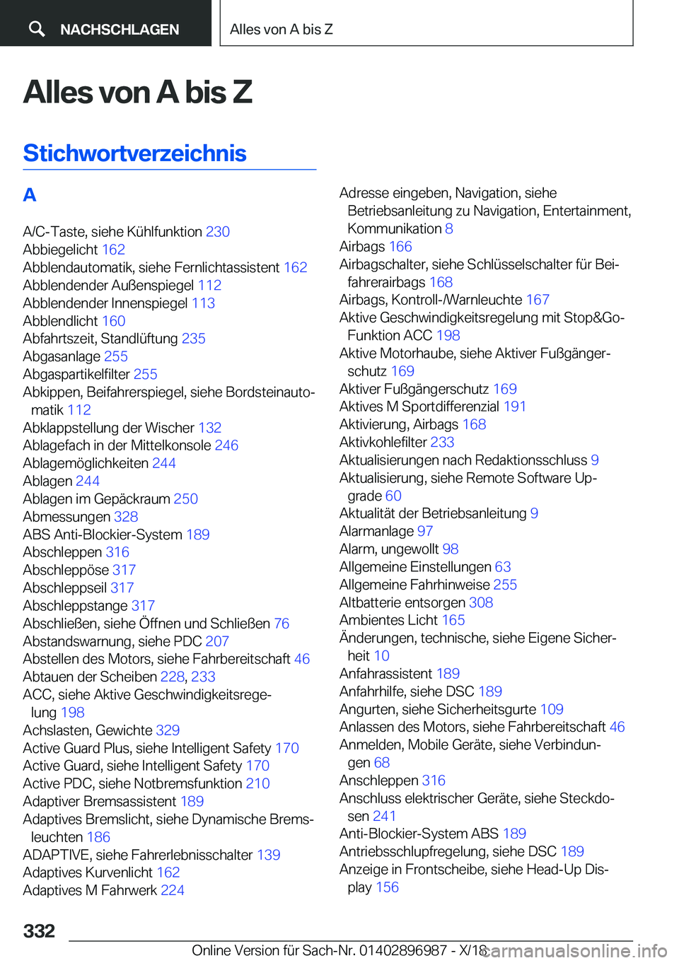 BMW Z4 2019  Betriebsanleitungen (in German) �A�l�l�e�s��v�o�n��A��b�i�s��Z
�S�t�i�c�h�w�o�r�t�v�e�r�z�e�i�c�h�n�i�s�A �A�/�C�-�T�a�s�t�e�,��s�i�e�h�e��K�